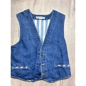 Bugle Boy Jeans Denim Vest Blue Striped Back women's Size L Button Front